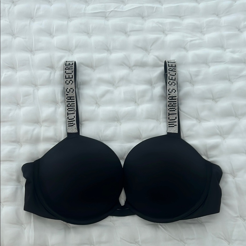 Victoria's Secret Black Push-Up Bra with Metallic Logo Straps